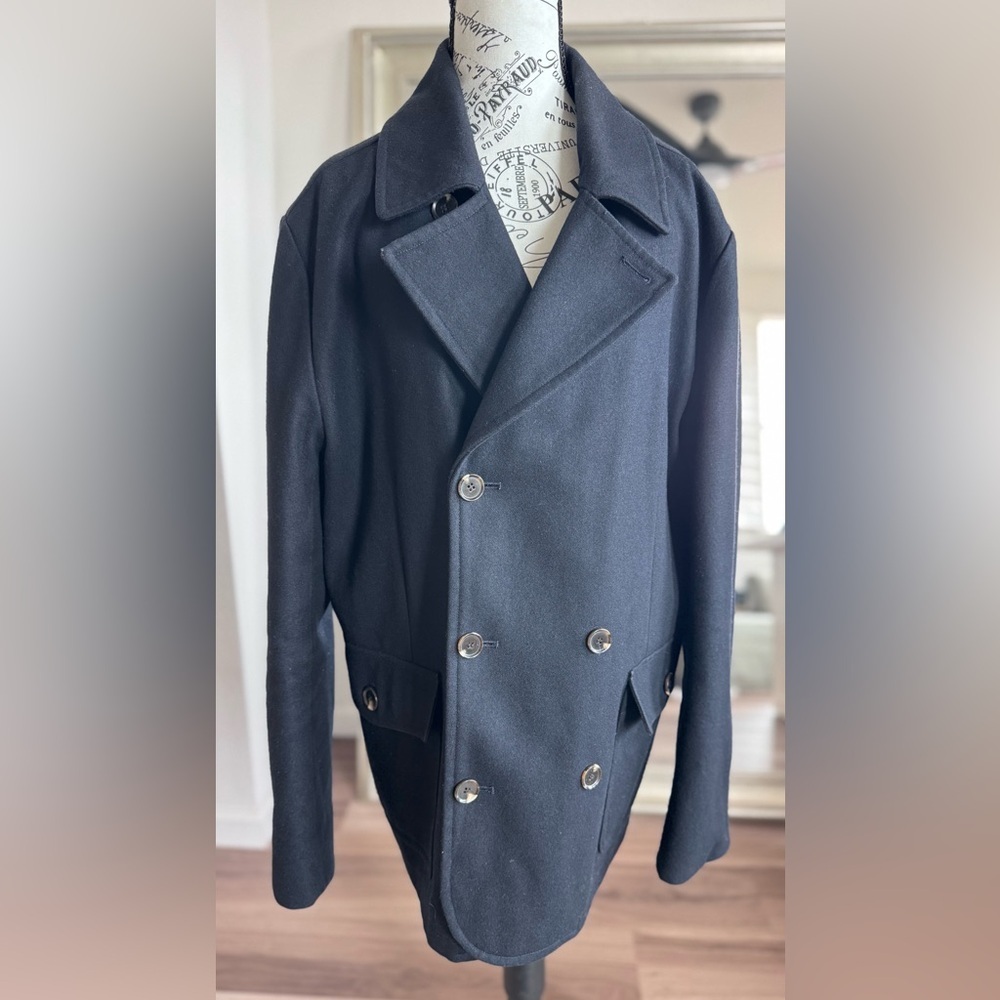 Cortefiel navy wool double breasted coat jacket Size XL